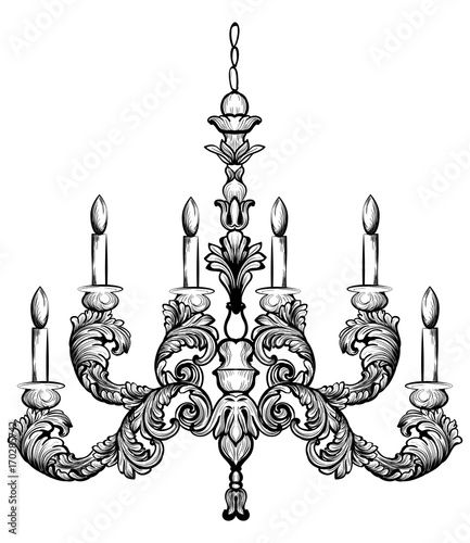 Rococo rich chandelier Vector illustration. Detailed ornaments decor