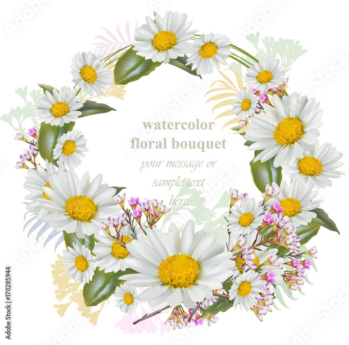 Chamomile flowers round wreath card. Decor frame Vector illustration
