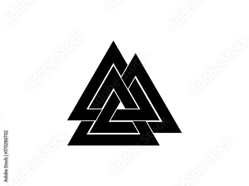Valknut is a symbol of the world's end of the tree Yggdrasil. Sign of the god Odin. Norse culture. Triangle logo. Vector illustration