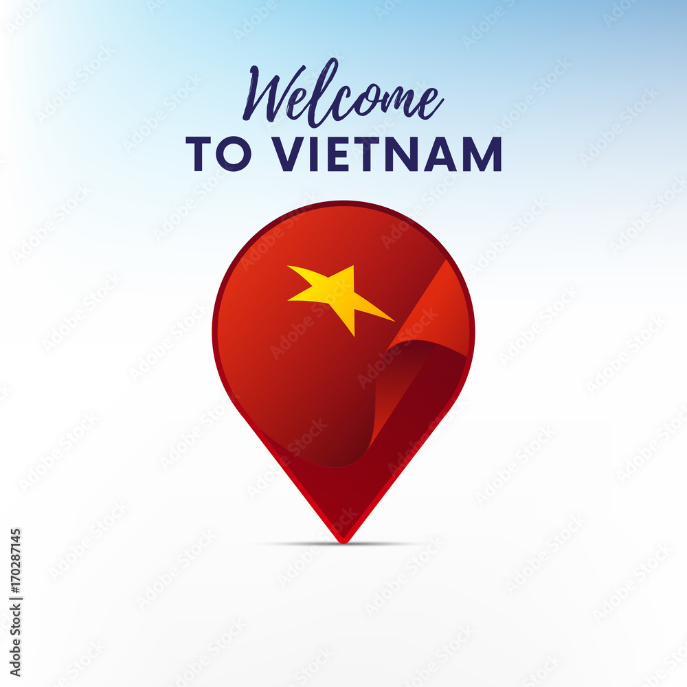 Flag of Vietnam in shape of map pointer or marker. Welcome to Vietnam. Vector illustration.