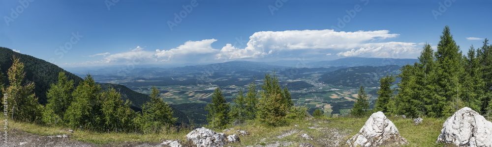 View from mountain Petzen to valley Drau in Carinthia