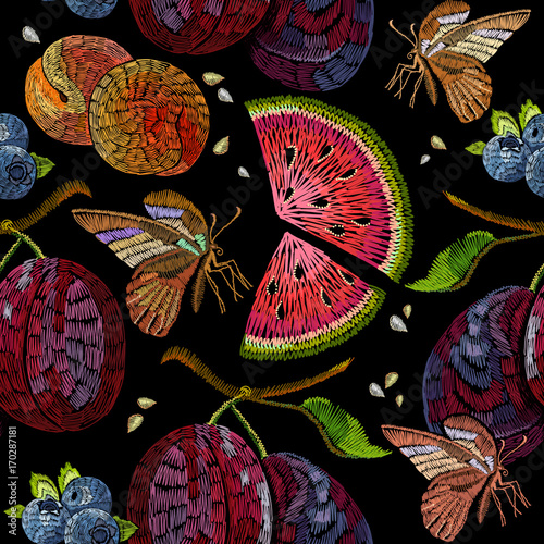 Embroidery fruit seamless pattern. Template for clothes, textiles, t-shirt design. Classic embroidery watermelon, pineapple, plums, berries, butterflies, summer seamless pattern