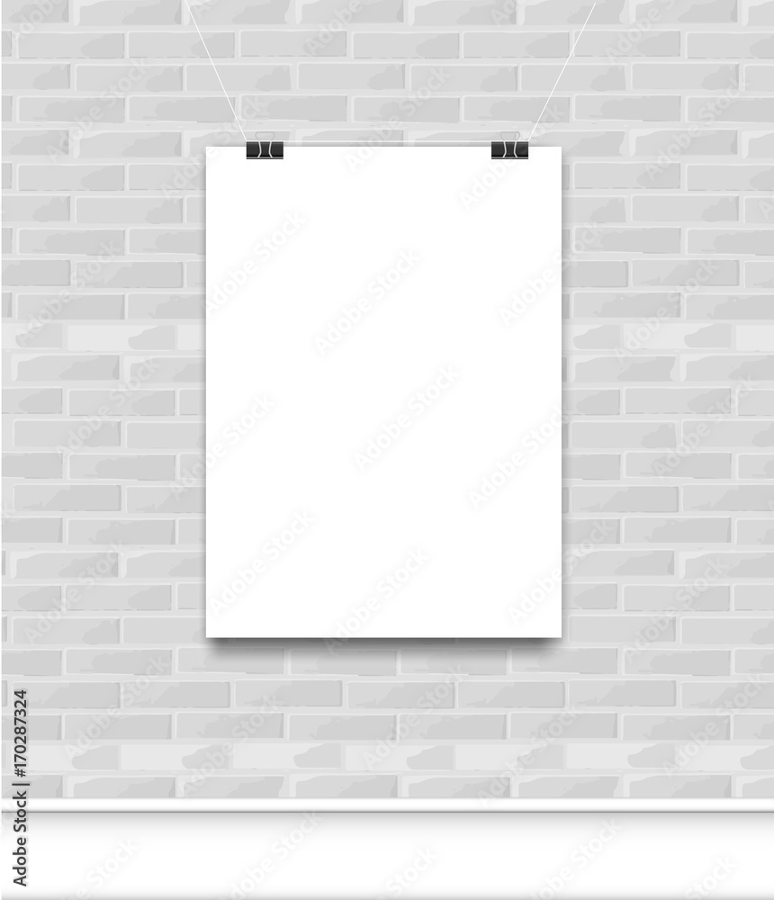 paper poster for text on brick wall. Realistic black paper clamp. For Your business project. Vector Illustration whatman paper paper poster for text on brick wall. Realistic black paper clamp. For Your business project. Vector Illustration whatman paper