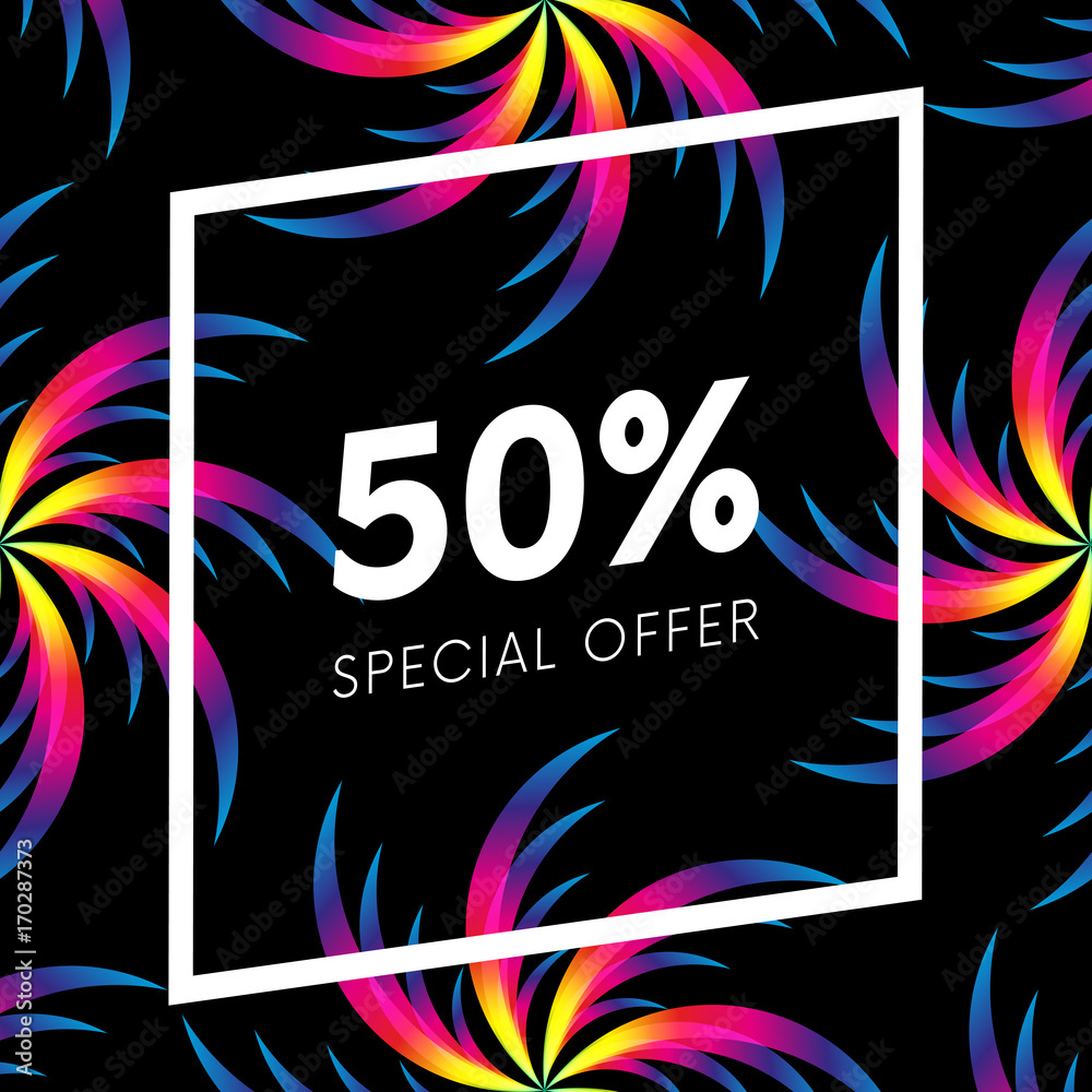 Fototapeta Abstract palm leafs with spectrum gradient. Fifty percent off. Special offer. Summer sale banner. Black frame. Dark style. Vector illustration.