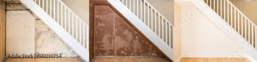 Progressive images of renovation under an old staircase.