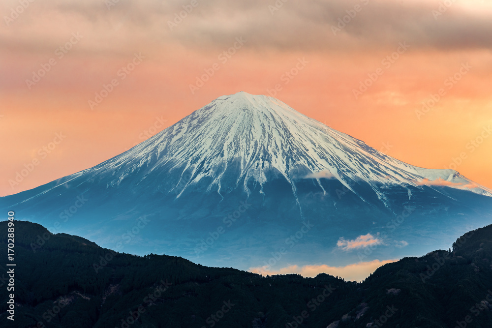 Mountain fuji with mist during dusk time,Japan