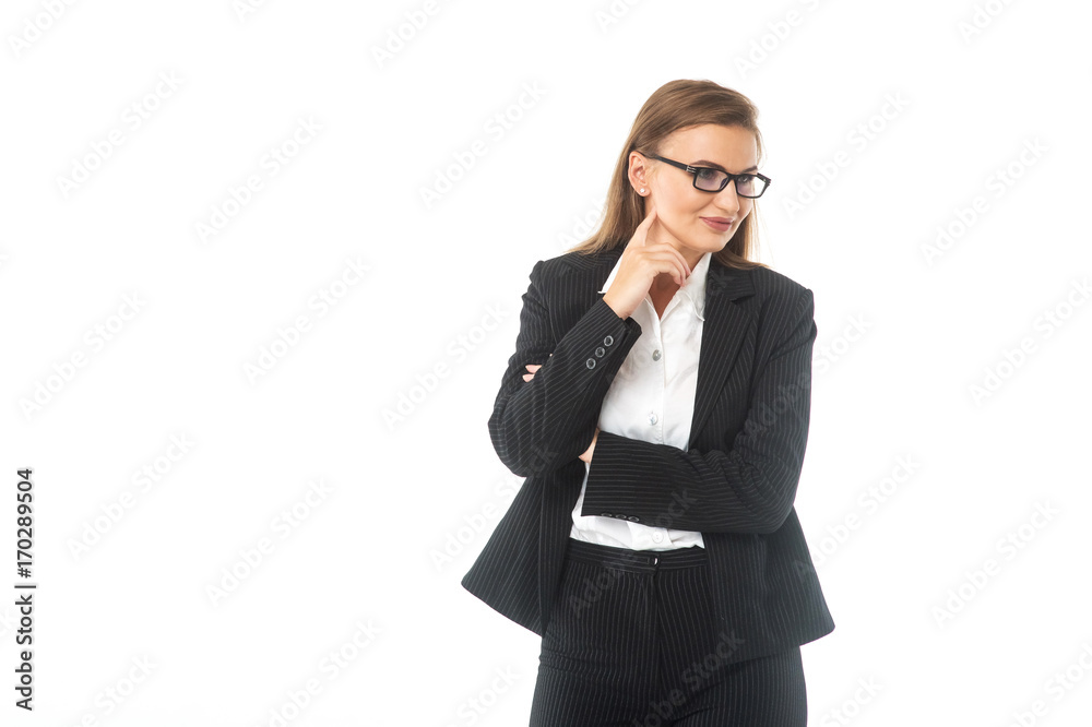 Satisfied successful girl boss presenting, businesswoman in a suit, with space for text and advertising