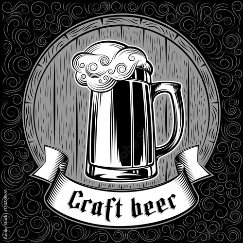 Beer glass of froth craft ale on the background of wooden barrel. The ribbon with gothic lettering. Vector print from ink hand drawing stamp in vintage black and white retro style. Dark swirl version