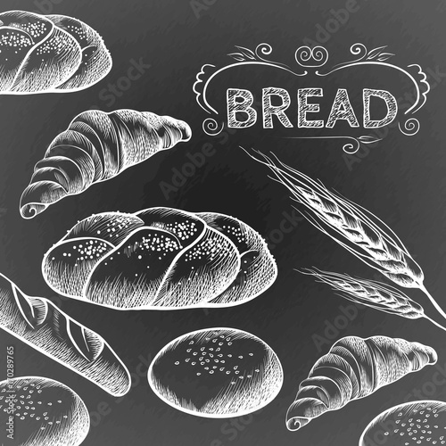 Bread items set isolated illustration on dark grey