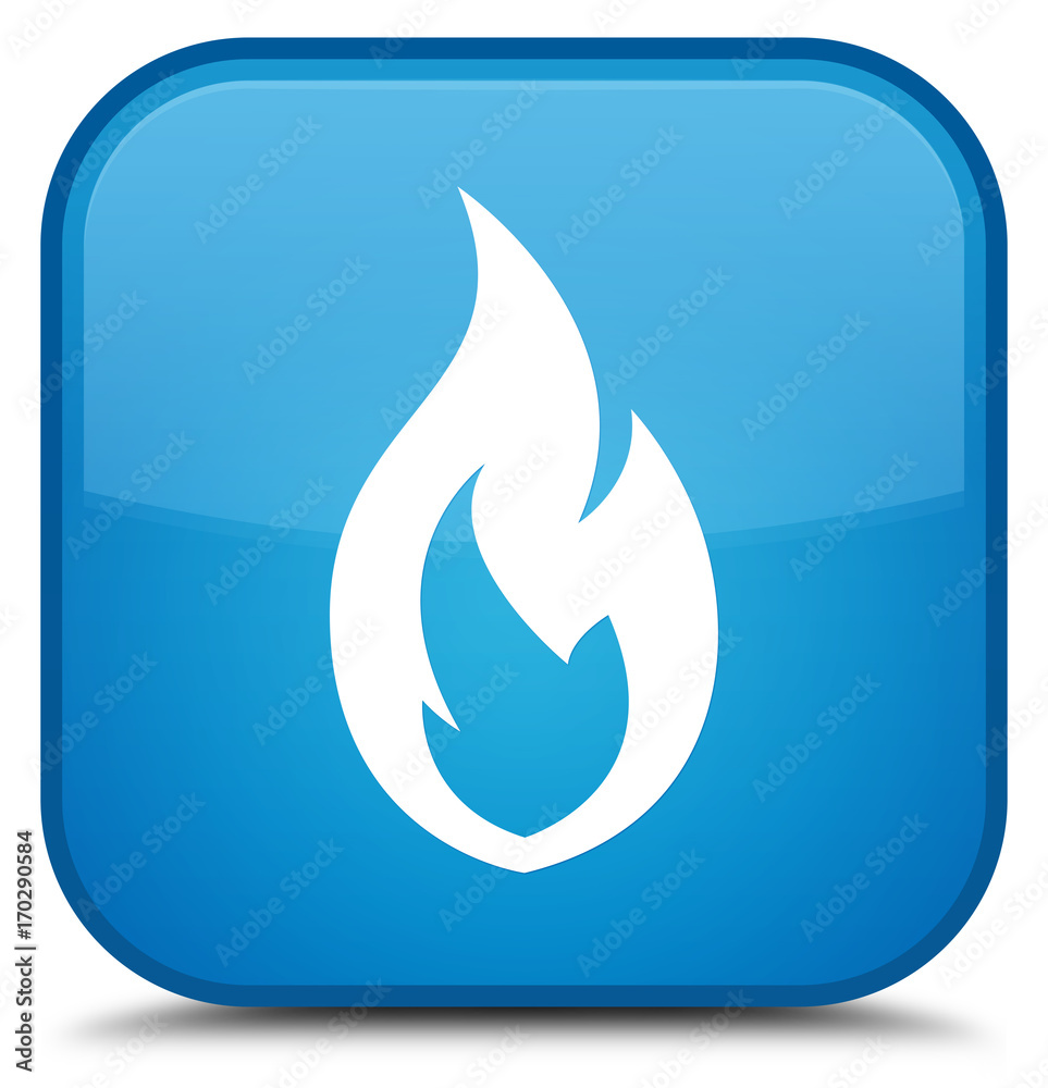 Fire flame icon special cyan blue square button Fire flame icon special cyan blue square button