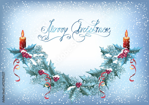 Christmas card with spruce garland and burning candle on the snowfall background in retro style