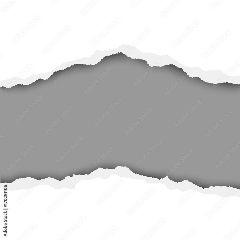Vector tattered hole in white paper with gray background. There are torn edges, soft shadow and space for text, copy or ad.