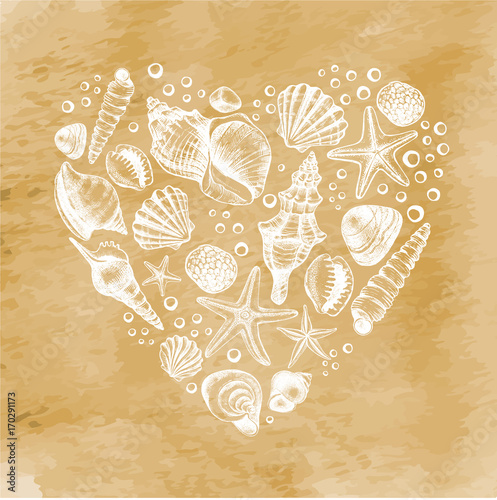 Heart shape Composition with different types mollusk sea shells, starfish and pebble. Marine Ink hand drawn elements for design. Template for cards, banners, posters. Vector illustration.