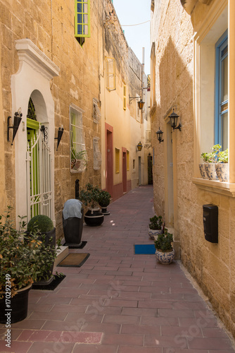 Fototapeta Naklejka Na Ścianę i Meble -  Narrow medieval street with stone houses in Mdina, Malta