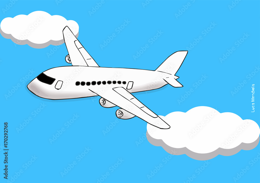 Naklejka premium Childlike illustration of a commercial airline airplane plowing the sky between clouds