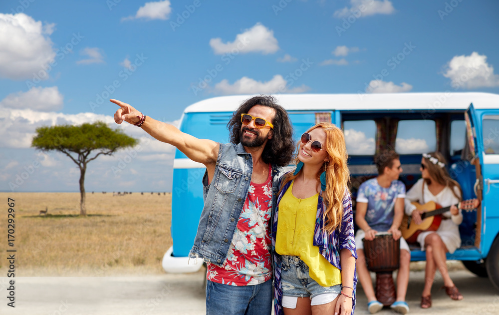 happy hippie couples and minivan in africa happy hippie couples and minivan in africa