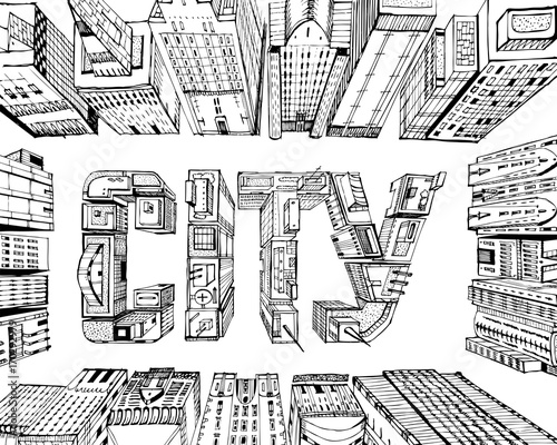 Fototapeta Modern city illustration. Business area with skyscrapers composed in the City sign