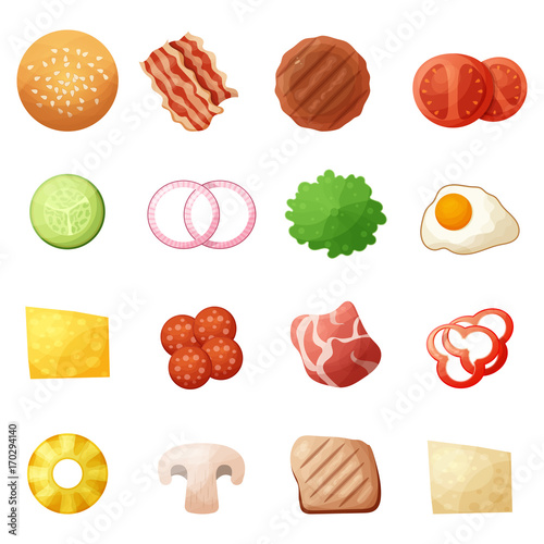 Burger ingredients top view icons set, cartoon style