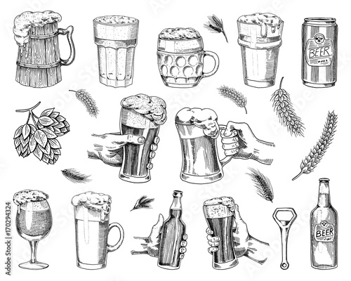Beer glass, mug or bottle of oktoberfest. engraved in ink hand drawn in old sketch and vintage style for web, invitation to party or pub menu. design element isolated on white background. photo