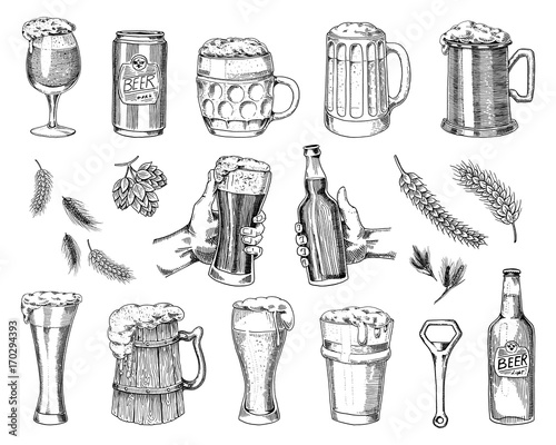 Beer glass, mug or bottle of oktoberfest. engraved in ink hand drawn in old sketch and vintage style for web, invitation to party or pub menu. design element isolated on white background.