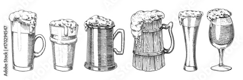 Beer glass, mug or bottle of oktoberfest. engraved in ink hand drawn in old sketch and vintage style for web, invitation to party or pub menu. design element isolated on white background.