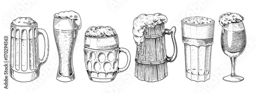 Beer glass, mug or bottle of oktoberfest. engraved in ink hand drawn in old sketch and vintage style for web, invitation to party or pub menu. design element isolated on white background.