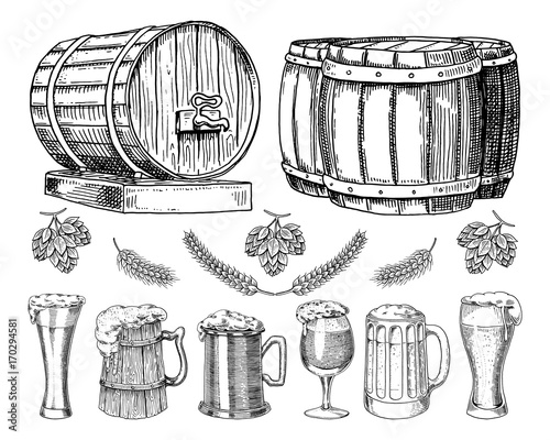 Fototapete wine or rum, beer classical wooden barrels for rural landscape