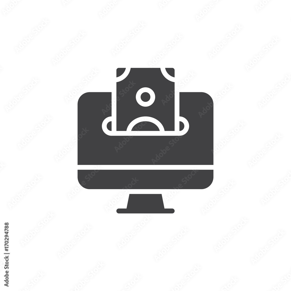 Desktop computer and money bill icon vector, filled flat sign, solid pictogram isolated on white. Online money symbol, logo illustration. Pixel perfect vector graphics Desktop computer and money bill icon vector, filled flat sign, solid pictogram isolated on white. Online money symbol, logo illustration. Pixel perfect vector graphics