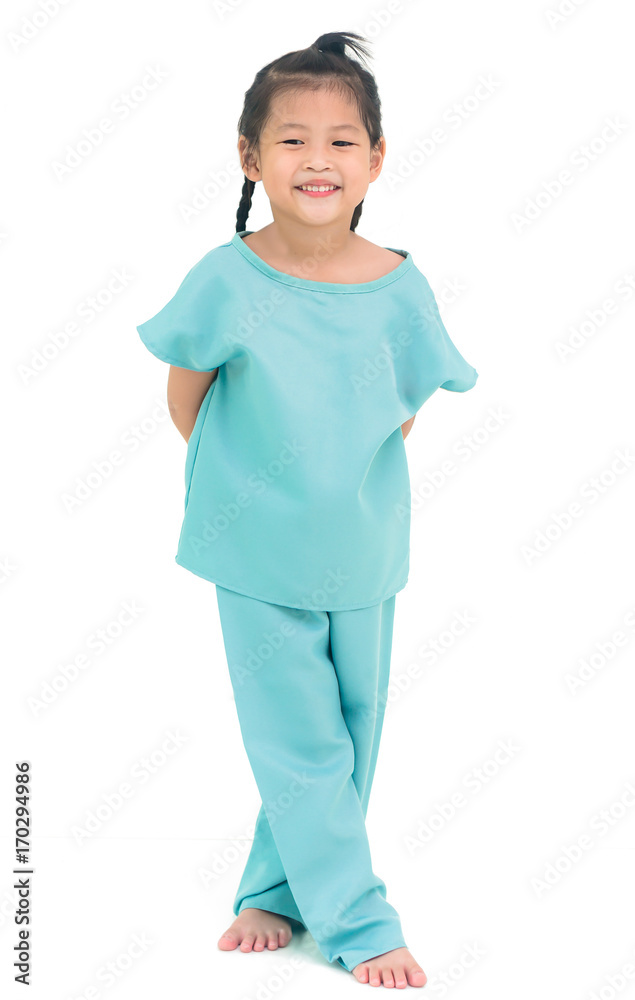 Asian girl smiling standing in hospital dress, isolated on white background. Asian girl smiling standing in hospital dress, isolated on white background.