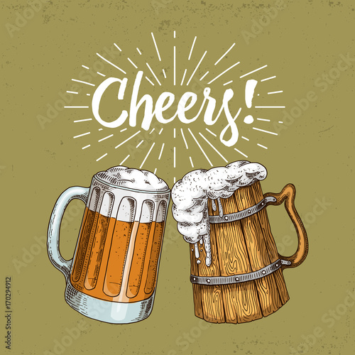 Beer glass, mug or bottle of oktoberfest. engraved in ink hand drawn in old sketch and vintage style for web, invitation to party or pub menu. design element isolated on white background Cheers.