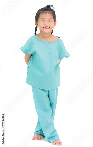 Asian girl smiling standing in hospital dress, isolated on white background.