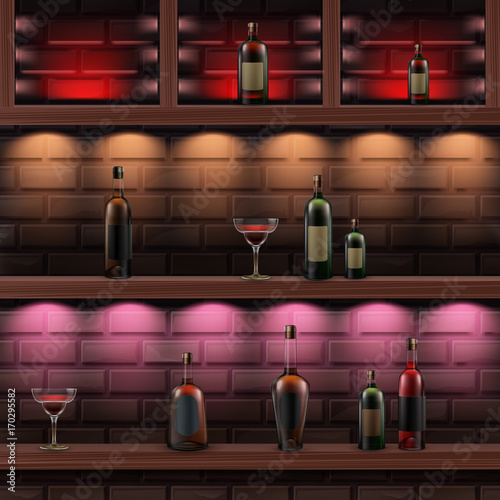 Wooden shelves with alcohol