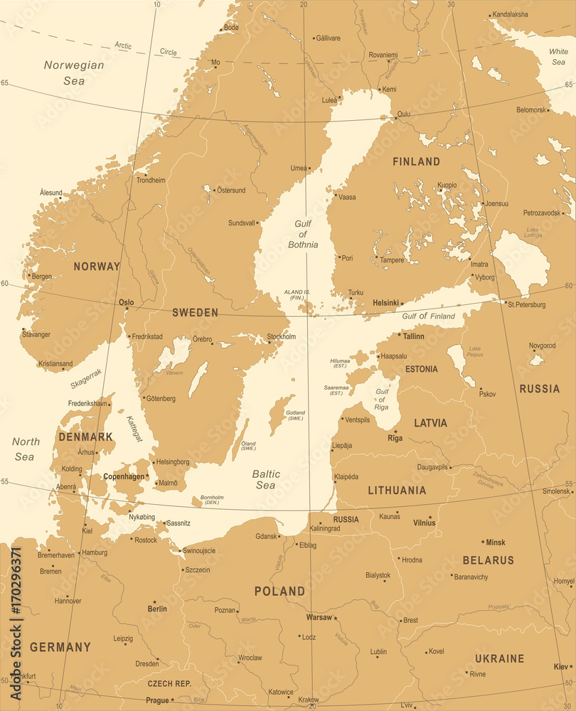 Fototapeta premium Baltic Sea Area Map - Vintage Vector Illustration