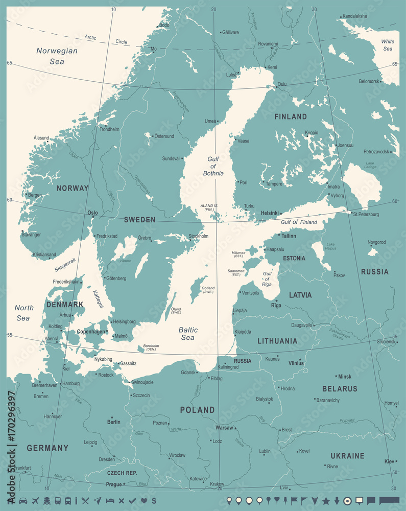 Naklejka premium Mapa obszaru Morza Bałtyckiego - Vintage ilustracji wektorowych