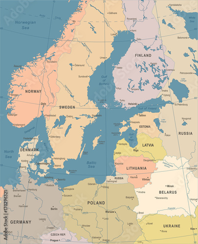 Fototapeta Naklejka Na Ścianę i Meble -  Baltic Sea Area Map - Vintage Vector Illustration