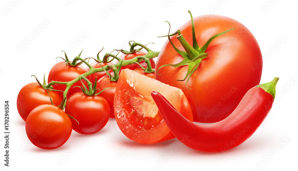 Red tomato, slice, branch of cherry and chili pepper Red tomato, slice, branch of cherry and chili pepper