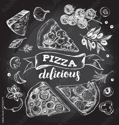 Fototapeta Set of pieces of delicious pizza and pizza ingredients. Food elements collection. Vector ink hand drawn illustration with lettering. Template for menu, signboard, cards, banners, posters design.