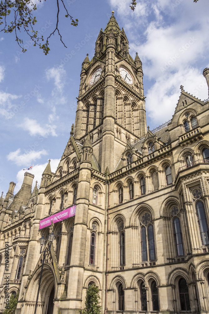 Manchester Town Hall in Albert Square, seat of local government, is an example of Victorian era Gothic revival architecture.
