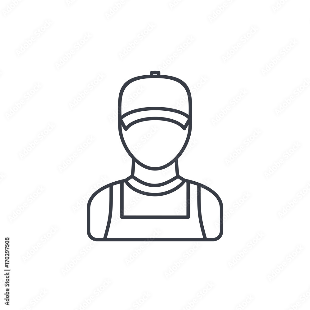 Delivery man in red uniform thin line icon. Linear vector illustration. Pictogram isolated on white background Delivery man in red uniform thin line icon. Linear vector illustration. Pictogram isolated on white background