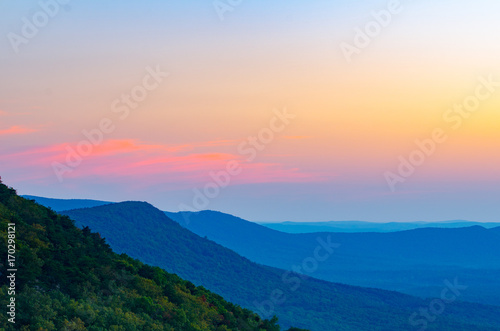 A near-sunset view of valleys and hills near Cheaha Mountain State Park in Alabama, USA.