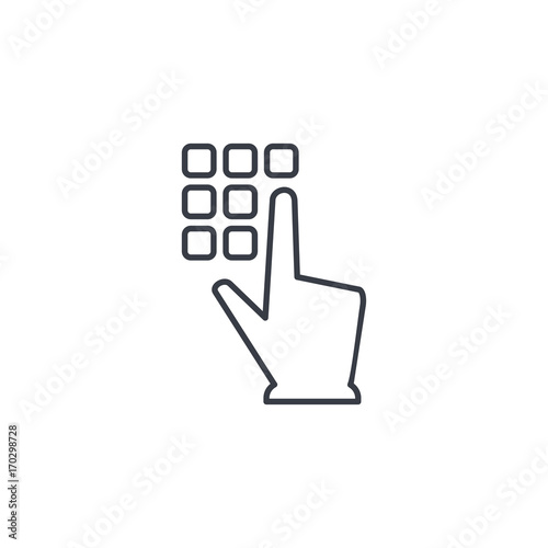 Pin code keypad, access security lock, hand pushing thin line icon. Linear vector illustration. Pictogram isolated on white background