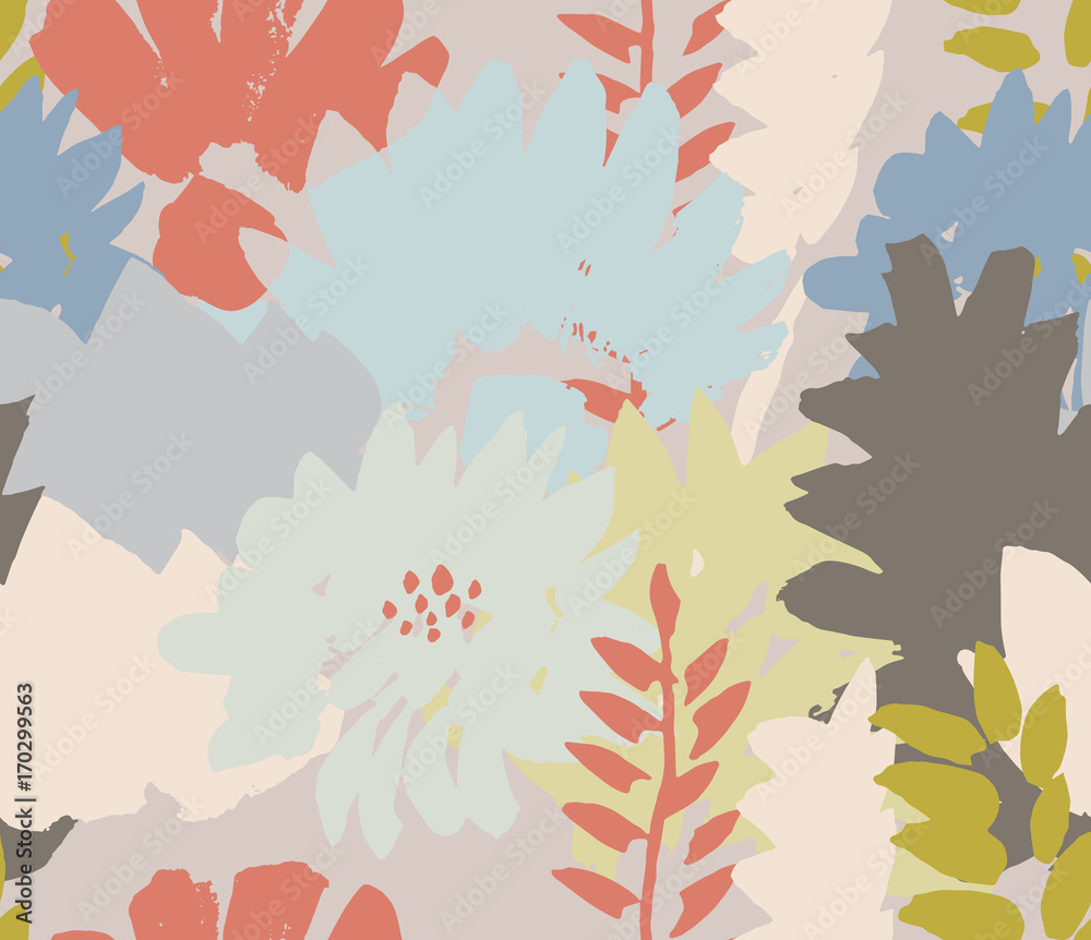 Modern floral seamless pattern. Hand drawn textures. Pastel colors.