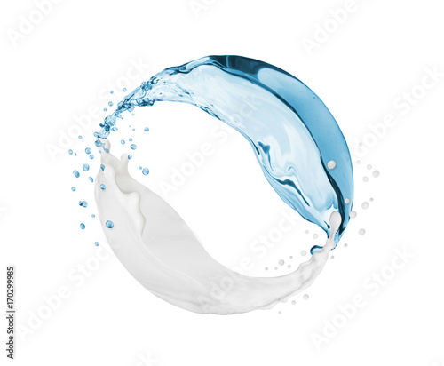 Splashes of cream and fresh water in a circular motion, isolated on white background