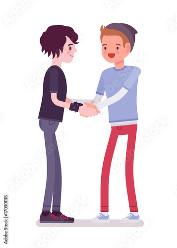 Young men handshaking with both hands