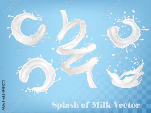 Splash of milk and on transparent background. Vector set