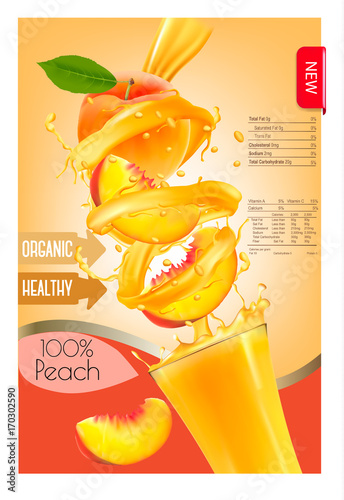 Label of peach juice splash in a glass. Desing template. Vector.