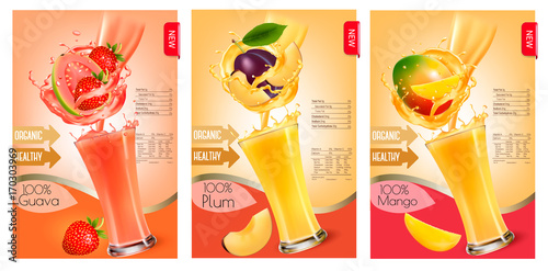 Set of labels of of fruit in juice splashes. Strawberry, guava, plum, mango. Vector.