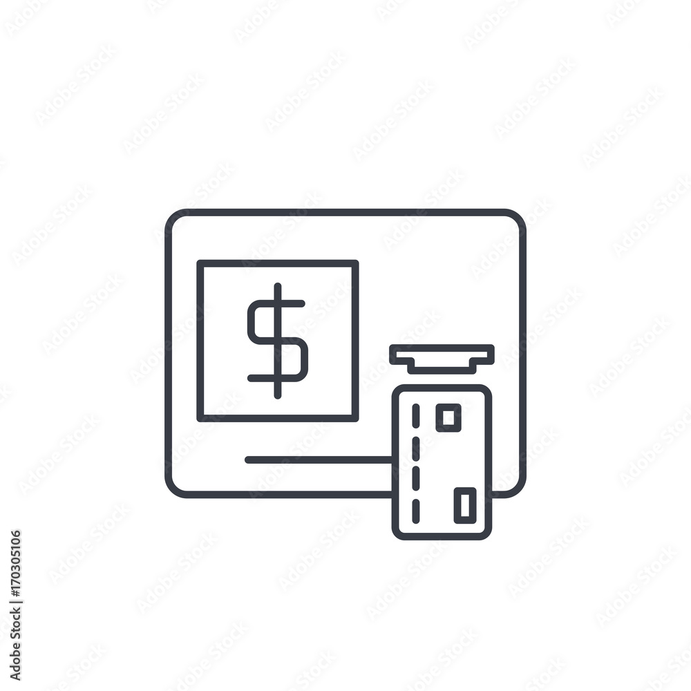 ATM, banking, dollar cash, card money, finance thin line icon. Linear vector illustration. Pictogram isolated on white background ATM, banking, dollar cash, card money, finance thin line icon. Linear vector illustration. Pictogram isolated on white background