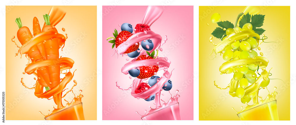 Set of labels of of fruit in juice splashes. Strawberry, blueberry, raspberry, carrot, grapes. Vector.
