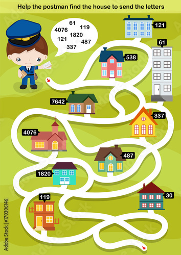 Help the postman find the house to send the letters - worksheet for education